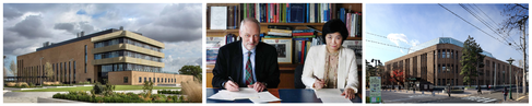 (Above left) Department of Materials Science and Metallurgy building, West Cambridge site, University of Cambridge. (Middle) Inauguration of the Joint Research Center with Profs. Lindsay Greer (left) and Motoko Kotani (right), May 2012. (Right) Advanced Institute for Materials Research Main Building, Katahira Campus, Tohoku University, Sendai. [Image credits: 1, 2, 3.]