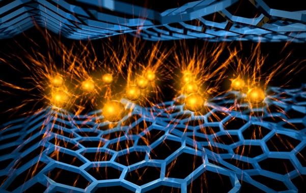 Calcium atoms (orange spheres) arranged between graphene planes (blue honeycomb) creates a superconductor CaC6. (Credit: Greg Stewart / SLAC) A potential way to make graphene superconducting